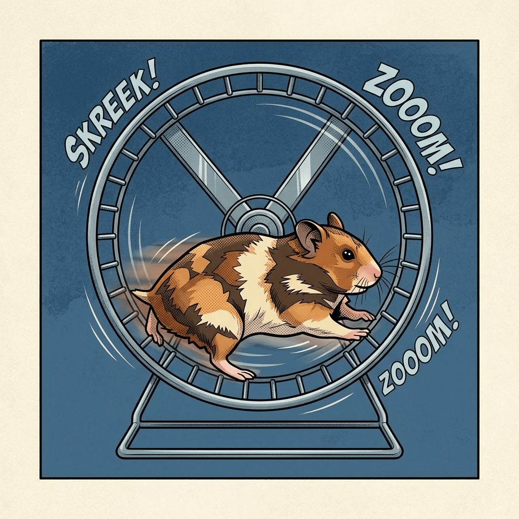 Tricolor hamster running inside a transparent exercise wheel
